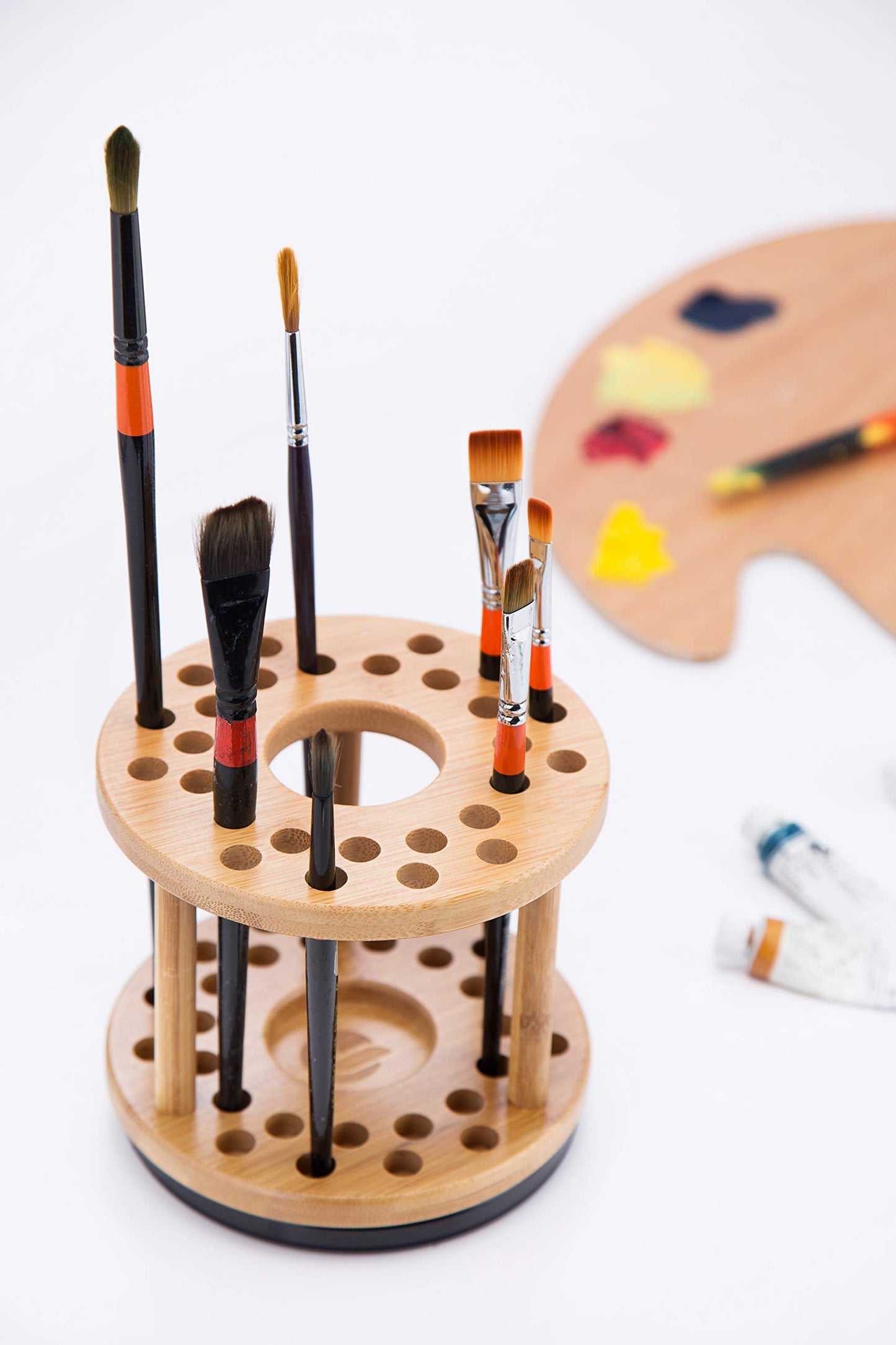 JackCubeDesign 360 Rotating Bamboo Watercolor Paint Brush Holder Water Coloring Brush Organiser Display Stand Tray Rack with 27 Holes and 1 Big Hole – MK441A