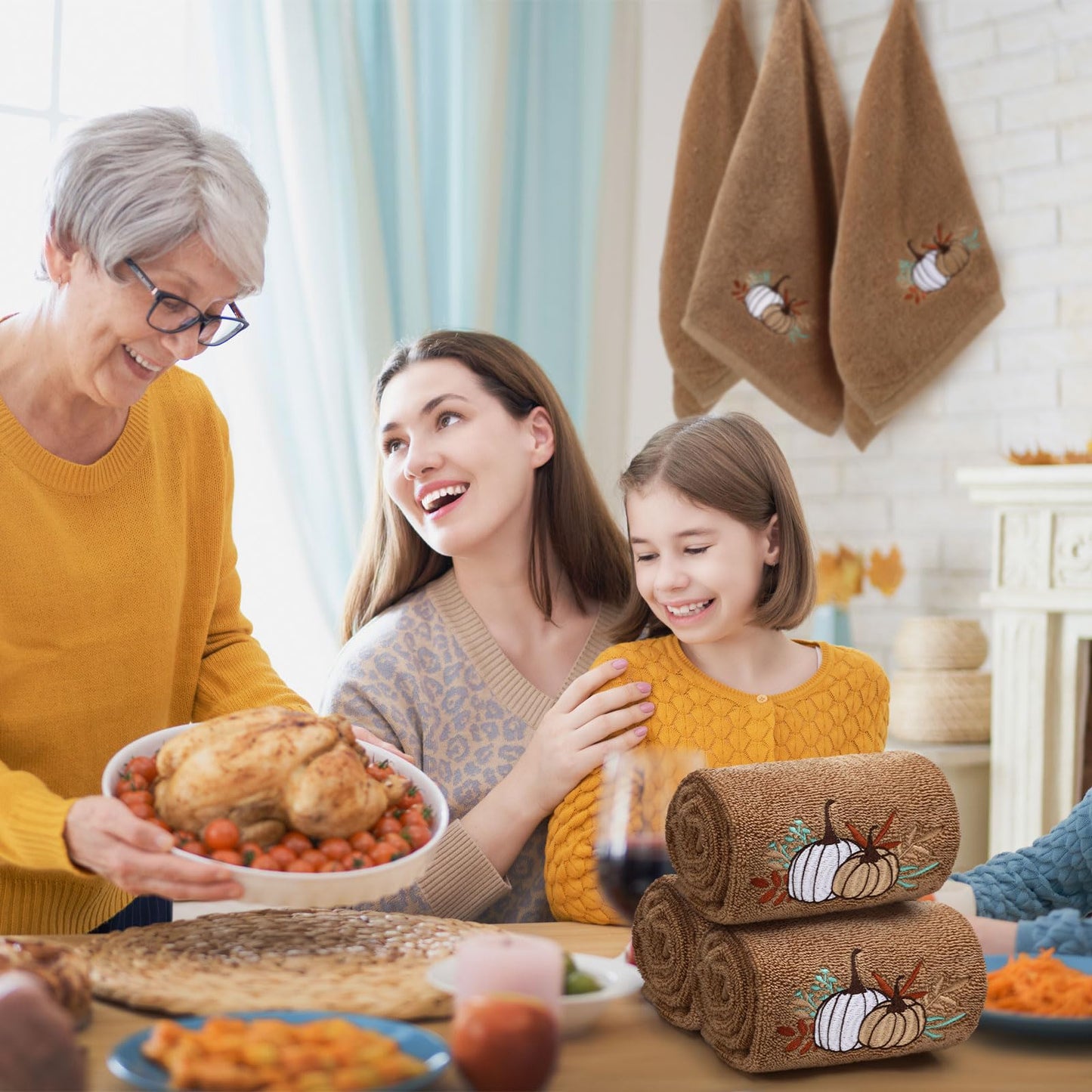 Fanfanwin 3 Pcs Fall Hand Towels for Bathroom 13.8 x 29.5 Inch Autumn Decorative Bath Towels Sets 100% Cotton Embroidered Pumpkin Maple Thanksgiving Bathroom Decor(Khaki,Pumpkin)