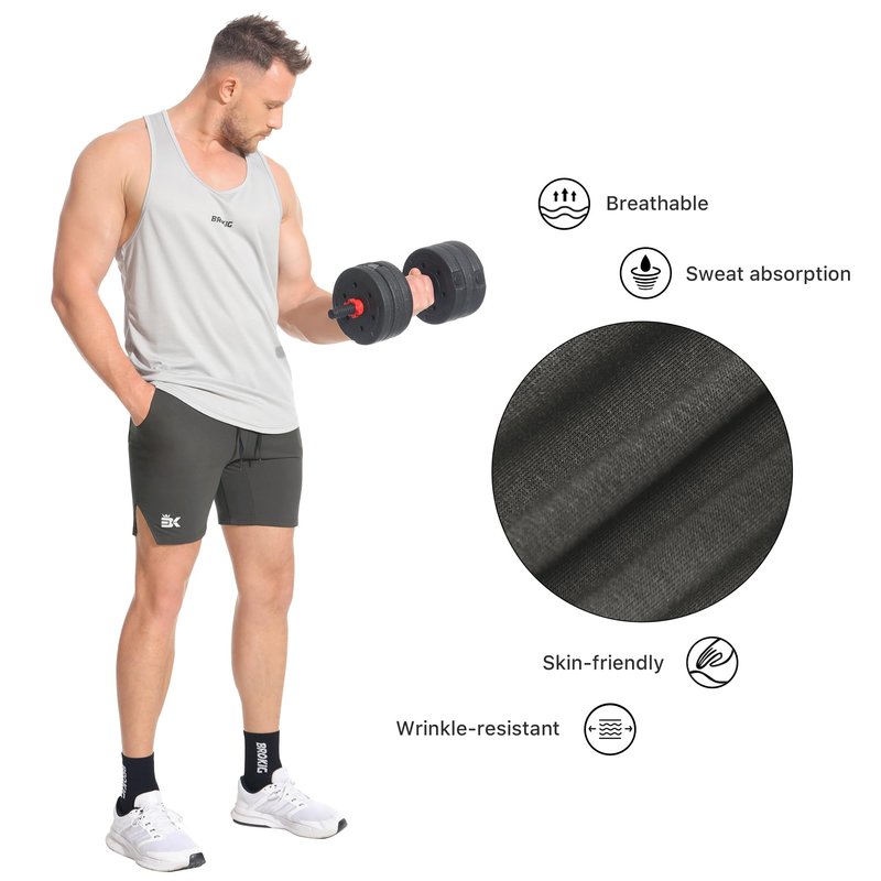 BROKIG Men's Airstretch Gym Shorts,5 Inch Slim Fit Running Exercise Athletic Workout Shorts for Men with Zipper Pockets(Black+Oliver Grey,Small)