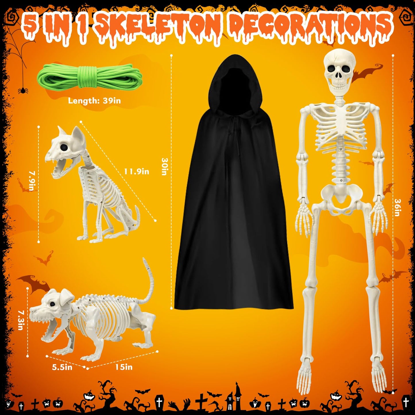 Askill 36" Skeleton Halloween Decorations, 3FT Posable Skeleton with Dog & Cat Skeleton - 5 in 1 Creepy Plastic Movable Joint Skeleton for Halloween Party Yard Decor (36inch)