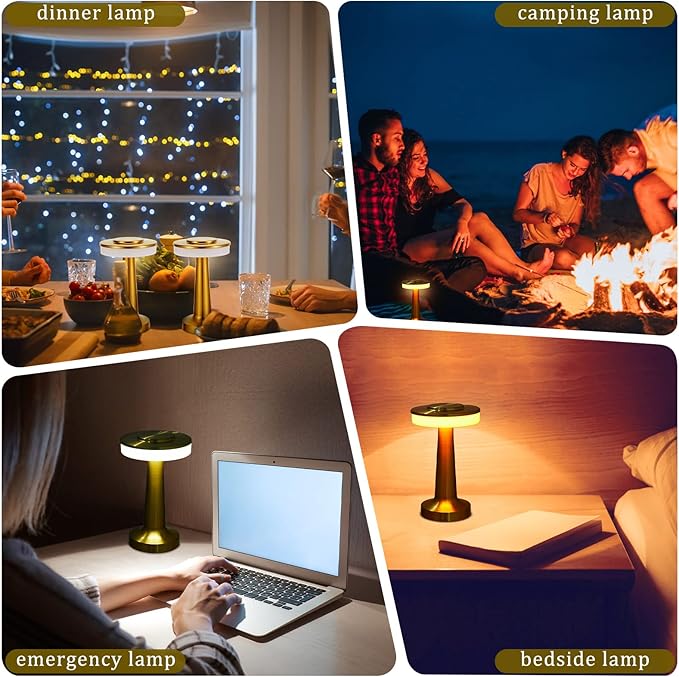 Riakrum Set of 2 LED Portable Cordless Table Lamp with Touch Sensor 3 Color Stepless Dimming Rechargeable Battery up to 15 Hours Cordless Table Light Wireless Lamp for Nursery (Gold,2 Pcs)