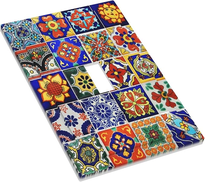 Traditional Colorful Talavera Mexican Spanish Moroccan Tiles Single Toggle Light Switch Plates Cover Decorative 1 Gang Wall Plate Electrica Faceplate for Bathroom Bedroom Decorate Accessories