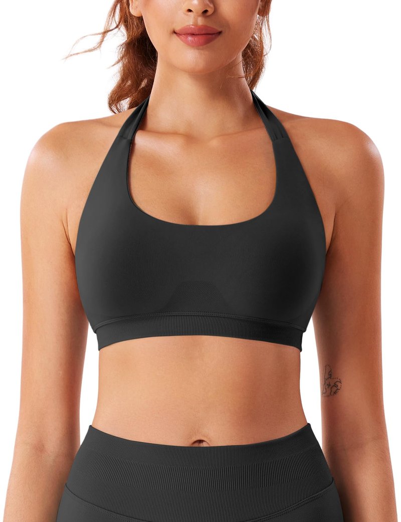 VOYJOY Women Workout Impact Bras Medium Low Support Halter Sports Bras Seamless Open Back Gym Padded Yoga Crop Top Black L