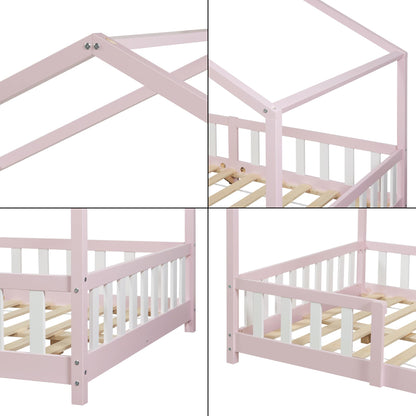 [en.casa] Children's bed Treviolo House bed 140 x 200 cm wooden bed for children with fall-out protection bed frame with slatted frame pine wood pink