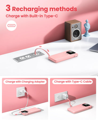 Portable Charger with Built-in Cables,22.5W Super Fast Charging Power Bank Slim Phone Charger,10000mAh Travel Battery Pack Battery Bank with Smart LED Display for iPhone, Android & USB-C Devices