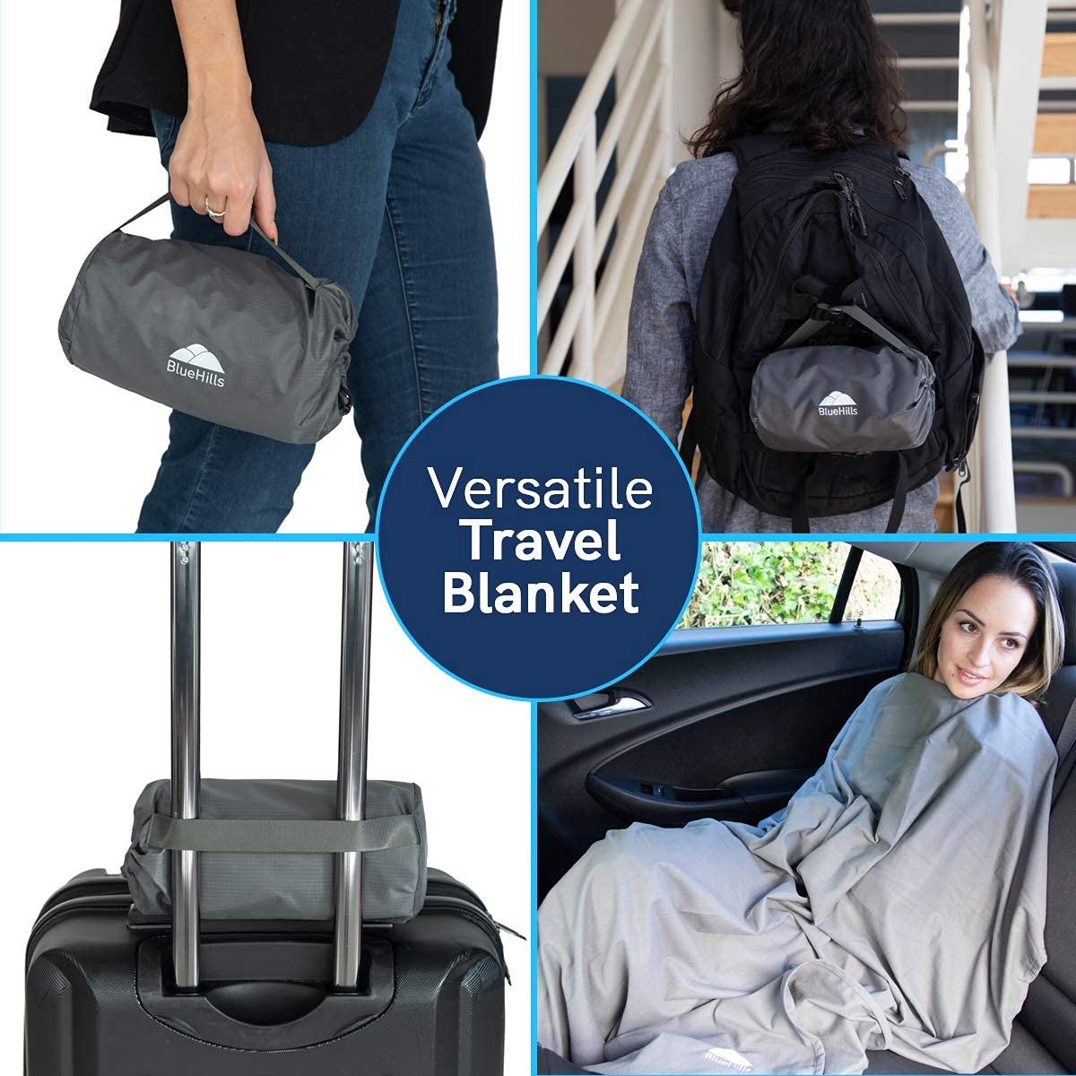 BlueHills Ultra Compact Travel Blanket Pillow in Portable Bag Case Soft 70 X 56 with Strap Backpack Clip Premium Cozy Soft Compact Pack Large Blanket for Airplane Flight Layover Grey - Gray C002