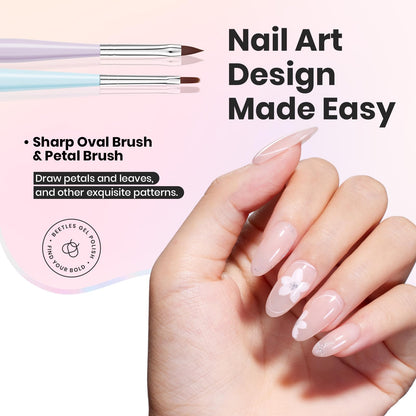 Beetles Nail Art Brushes 8pcs – Crystal Nail Art Tools 5pcs Double-headed Nails Dotting Tool, 3pcs Striping Liner Brushes for Nails with Pearls Bowknot Stickers, DIY Home Salon Manicure Design Tools