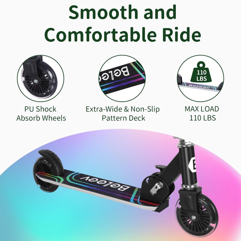 BELEEV Scooters for Kids Ages 3-12 with Light-Up Wheels & Stem & Deck, 2 Wheel Folding Scooter for Girls Boys, 3 Adjustable Height, Non-Slip Pattern Deck, Kick Scooter for Children (Black)