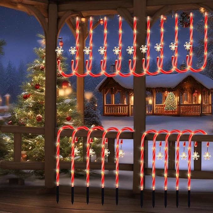 Solar Christmas Lights Outdoor Decorations, 10 Pack Solar Christmas Candy Cane Lights with Snowflake, Outdoor Waterproof Christmas Pathway Lights for Patio, Garden, Yard, Street, Park, Holiday