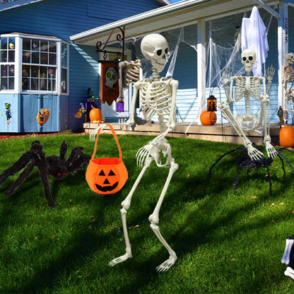 5.4ft/165cm Halloween Skeleton, Life Size Skeleton with Spider Pumpkin Bag, Full Body Human Bones with Movable Joints for Halloween Indoor Outdoor Haunted House Decorations