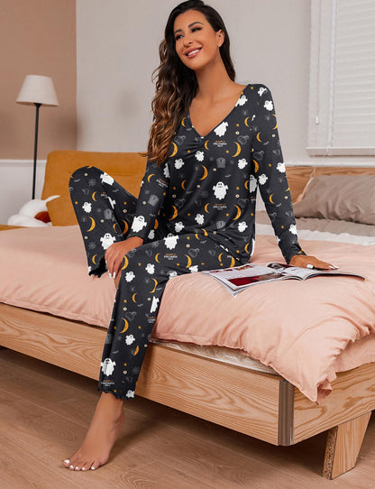 PrinStory 2025 Women's Pajama Set Long Sleeve Sleepwear Ladies Lounge Set Soft Pjs Loungewear FP-Black Moon Ghost-S