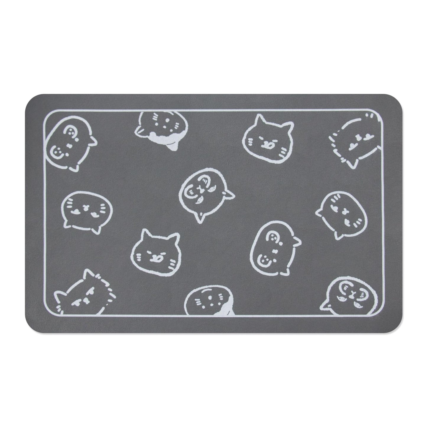 YCT Cat Food Mat for Pet Dog Feeting Mats, Cat Mat for Food and Water, Non-Slip Super Absorbent, with Multiple cat Heads Logo，18.1 x 11.8 inches, Dark Grey