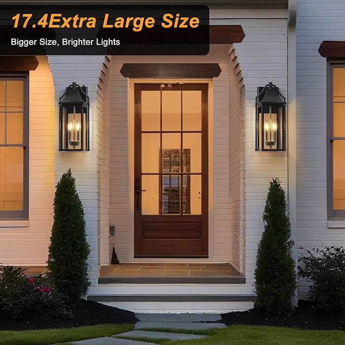 𝟏𝟕.𝟒𝑰𝑵 Outdoor Wall Sconce Fixture, Dusk to Dawn Patio Lights Waterproof Exterior Lanterns, 2-Light Modern Wall Lights Mounted with Glass, Black Outside Light for House Front Door Decor