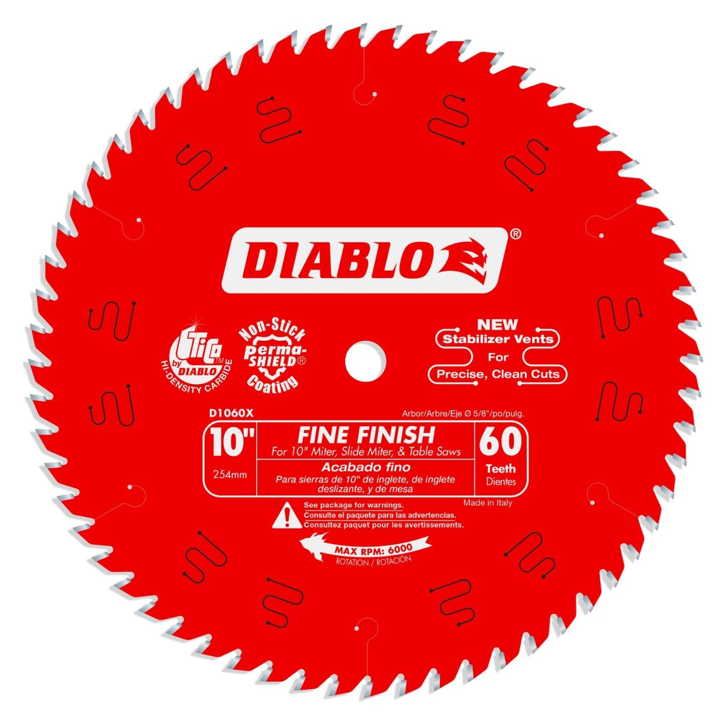 Diablo Fine Finish Saw Blade for Wood - Ultra-Smooth Cuts, 60 Hi-ATB Teeth, 10" Diameter, .098" Kerf, 5/8" Arbor - D1060X