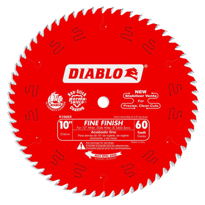 Diablo Fine Finish Saw Blade for Wood - Ultra-Smooth Cuts, 60 Hi-ATB Teeth, 10" Diameter, .098" Kerf, 5/8" Arbor - D1060X