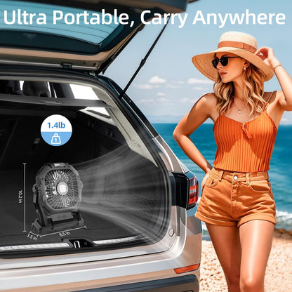 Camping Fan Rechargeable, 20000mAh Battery Powered Portable Fan with LED Light & Hook, 4-Speed 270° Adjustable, Camping Essentials for Tent, Travel, Car, Outdoor, Indoor, BBQ, Fishing, Jobsite