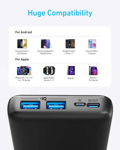 Anker Power Bank, 325 Portable Charger, 20,000mAh Battery Pack with PowerIQ Tech, USB-C Input and Output Ports for iPhone 17/16/15 Series, Samsung Galaxy, AirPods, and More (PowerCore Essential 20K)