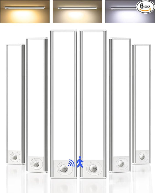 6-Pack Under Cabinet Lighting Wireless, LED Motion Sensor Light Indoor, Rechargeable Closet Lights Battery Operated, Dimmable & 3 Color Temps, Under Counter Lights for Kitchen, Stairs (8inch)