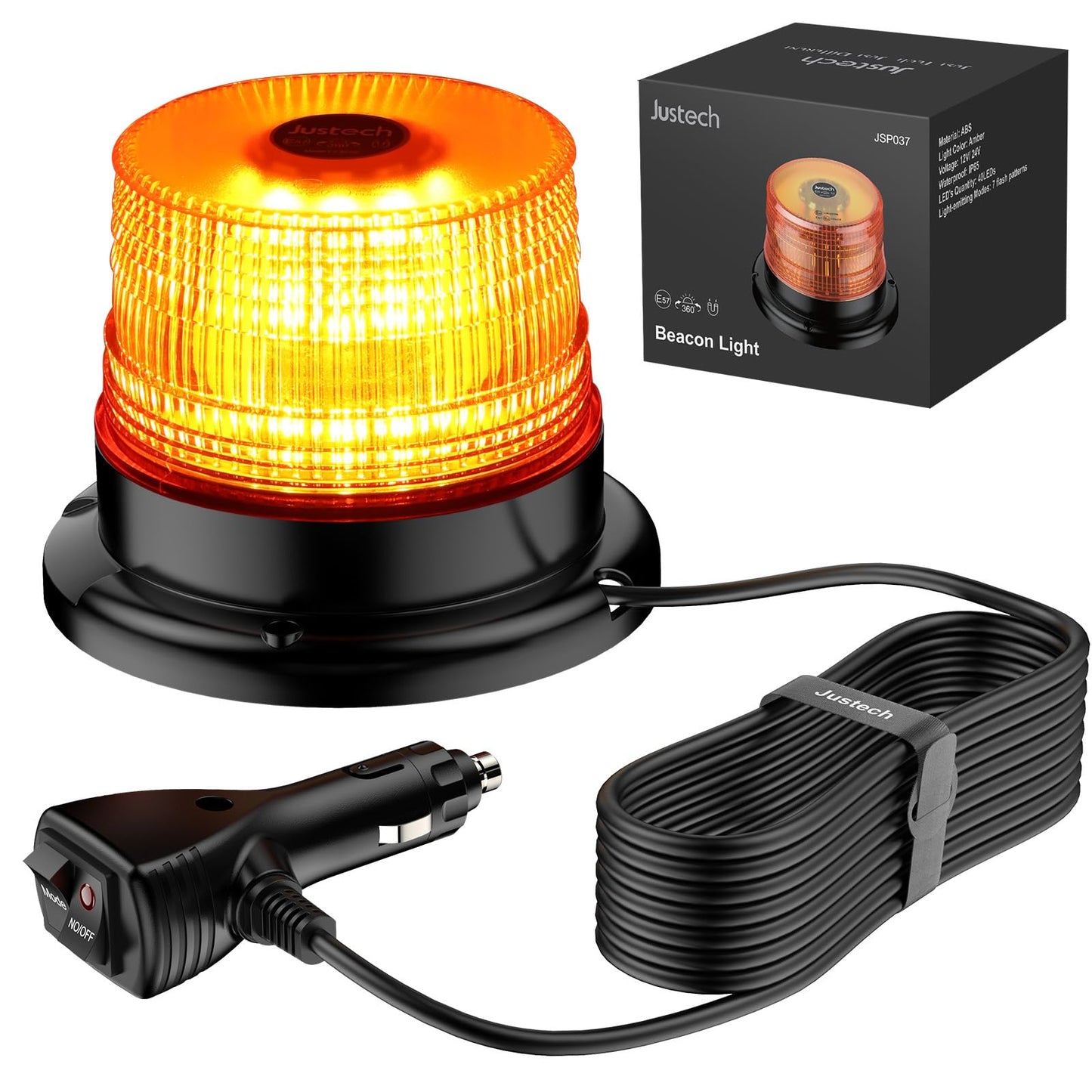 Justech 12/24V Flashing Beacon 40W 40 LED Emergency Warning Strobe Light Amber Strobe Lights 7 Flash Modes Waterproof with Magnetic Base for Truck Vehicle