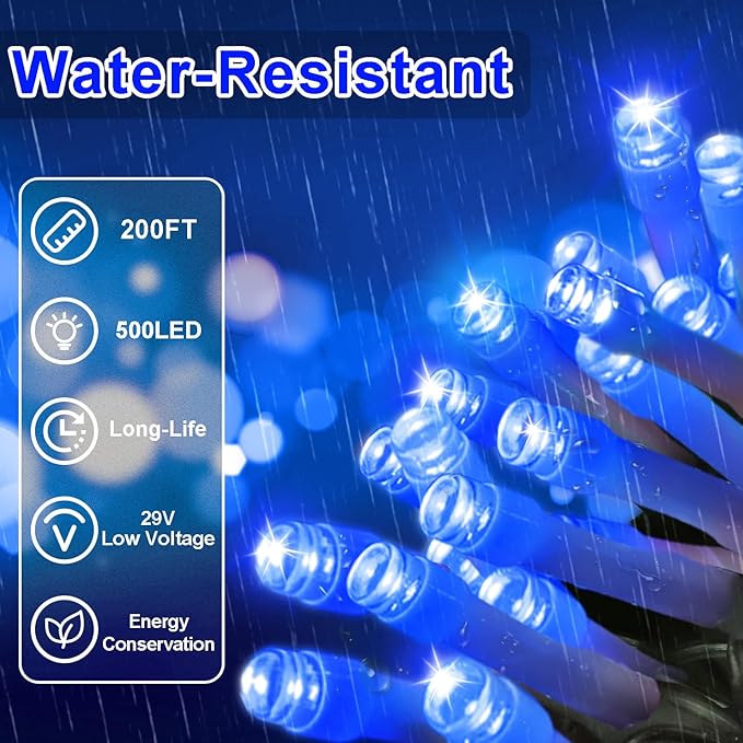 JXLEDAYY 200 FT 500 LED Christmas Lights Outdoor Fairy Lights Plug in Extra Long String Lights Clear Wire Waterproof 8 Modes Timer for Outside House Tree Garden Yard Wedding Party Decorations-Blue
