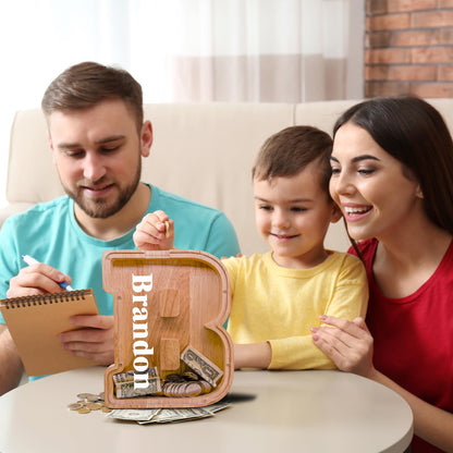 JOOMLAFLY Wooden Letter Piggy Bank for Kids - Personalized Initial Coin Bank for Boys and Girls
