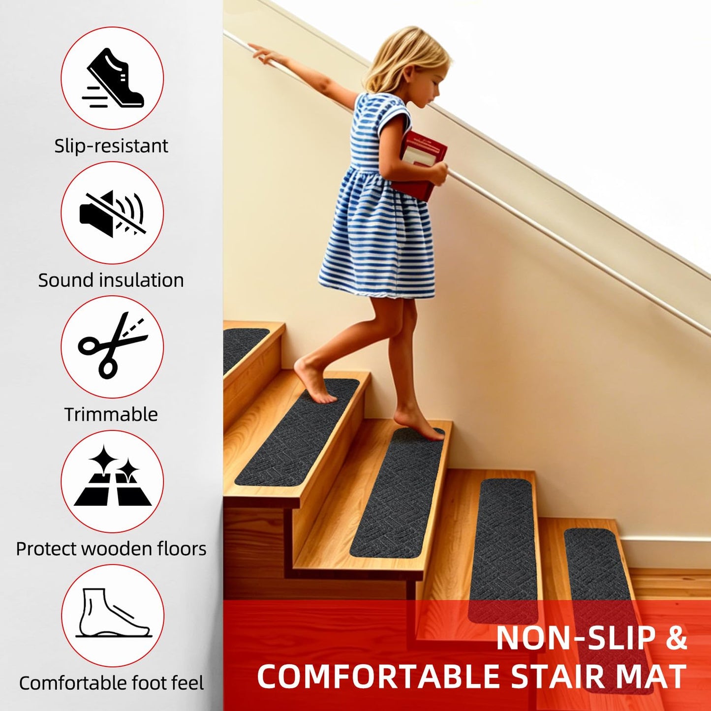 WELSTIK Non-Slip Stair Treads 30x8 Inch, Indoor Carpet Runners for Wooden Steps, Edging Stair Rugs with TPE Backing, 100% Polyester, Safe for Kids and Dogs (15 Pack, Grey)
