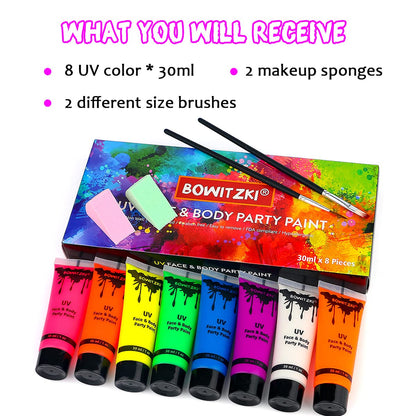 Bowitzki UV Neon Face and Body Paint 8 x 30ml /1 oz Liquid Large Kit Black Light Glow in the Dark Makeup Set Fluorescent Painting for Adults Kids Music Festivals Party Halloween Christmas