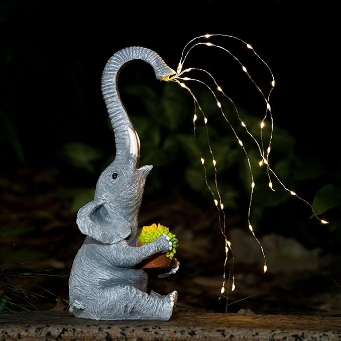 Elephant Garden Statue with Solar Watering Lights, Outdoor Resin Animal Sculpture for Patio, Lawn, Yard – Unique Gift for Women, Mom, Grandma (Grey Succulents)