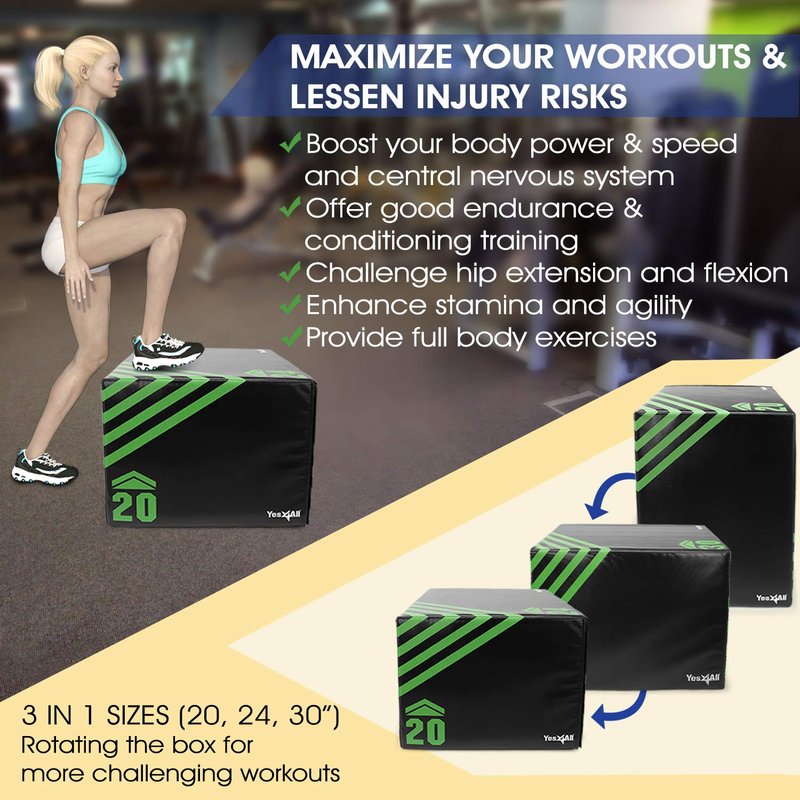 Yes4All 3 in 1 Foam Plyometric Jump Box - Jump Training & Conditioning - Green, A. 30" x 24" x 20" - 16 lbs