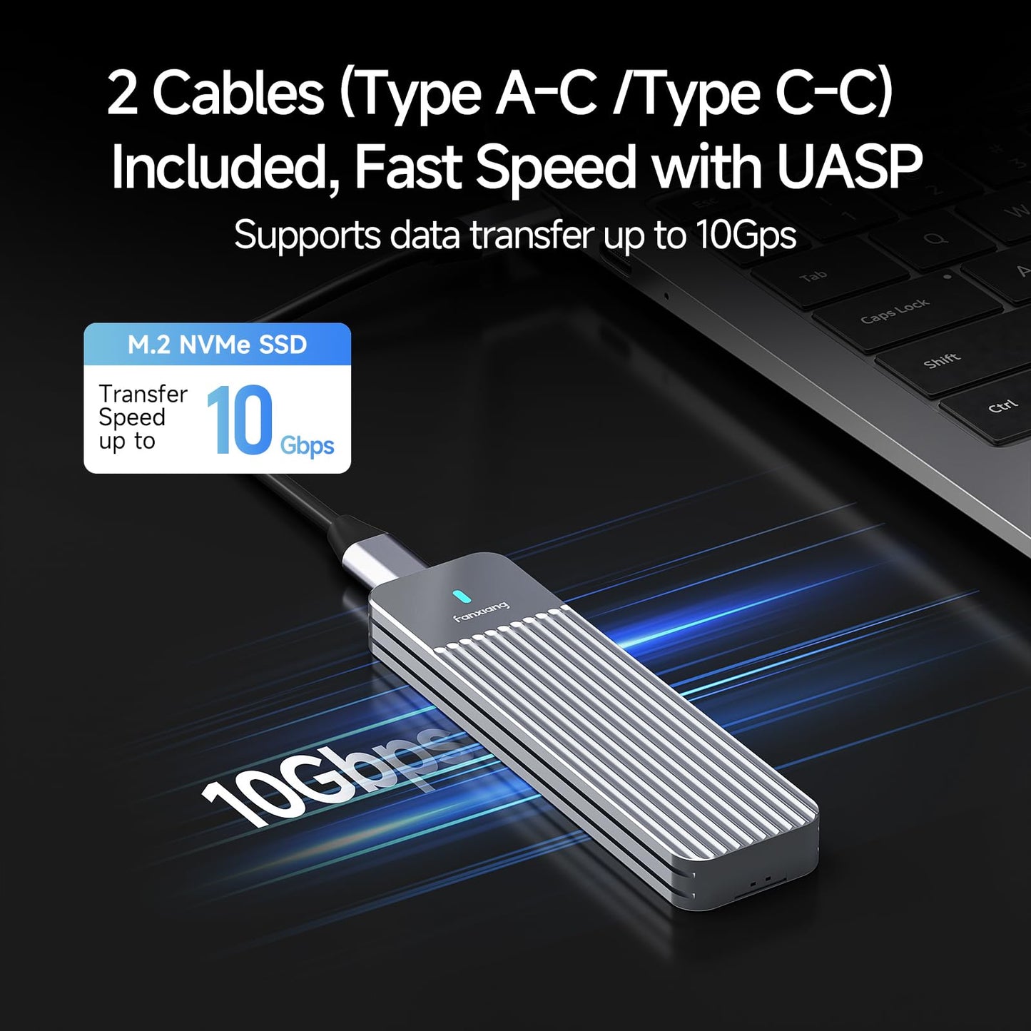 fanxiang M.2 NVMe Enclosure, Dual-Protocol SSD Enclosure USB 3.2 Gen2 10Gbps, Up to 4TB M Key/B+M Key, With USB C to C and USB A to C Cables for 2230/2242/2260/2280—MD87