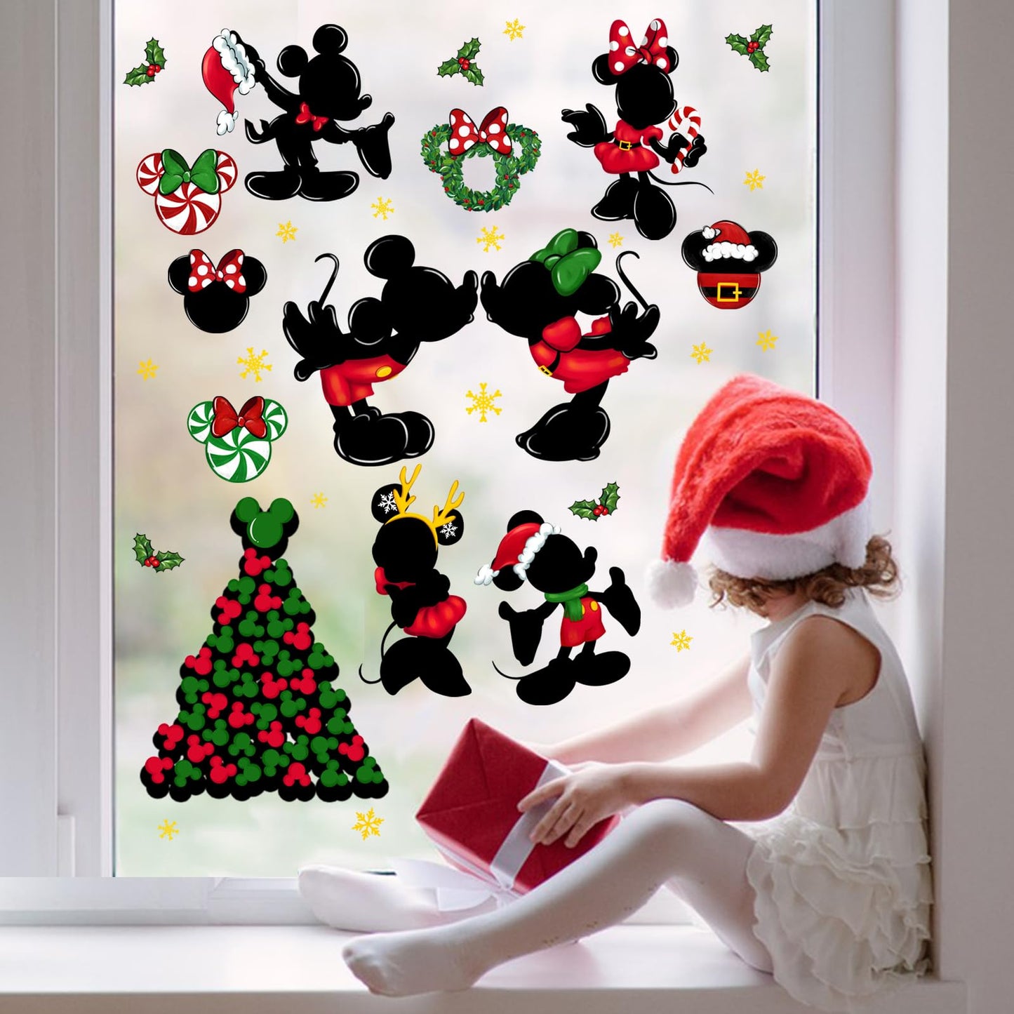 Yovkky Merry Christmas Window Clings, 2026 New Year Christmas Xmas Tree Green Red Stickers Decals Decor, Peppermint Candy Wreath Winter Snowflakes Holiday Party Home Kitchen Decorations