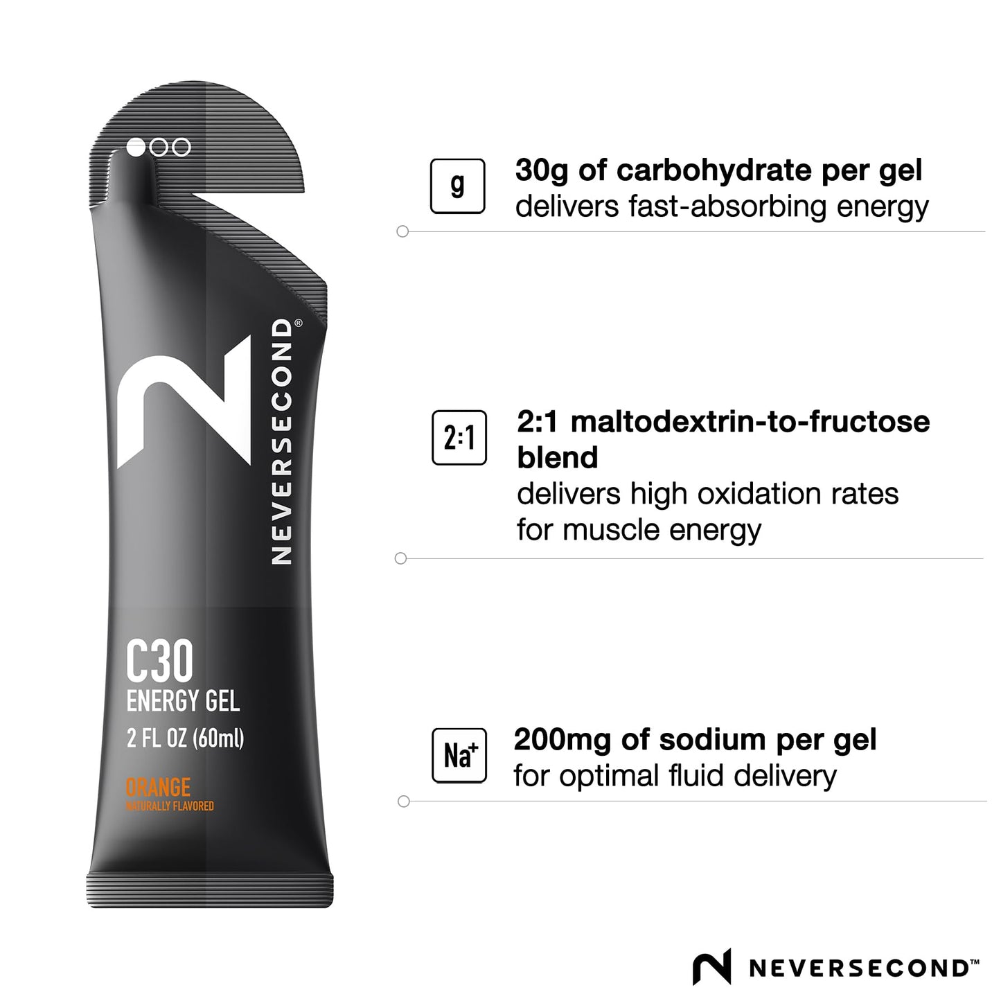 Neversecond C30 Energy Gel, Performance Nutrition & Hydration, Never2 Energy Gel for Triathlons, Cycling & Marathons (Orange Flavor, 12-Count Pack)