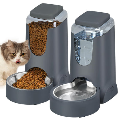 Automatic Cat Feeder and Water Dispenser with Stainless Steel Bowl Dog Gravity Food Feeder and Waterer for Small Medium Pets Puppy Kitten 1 Gallon x 2