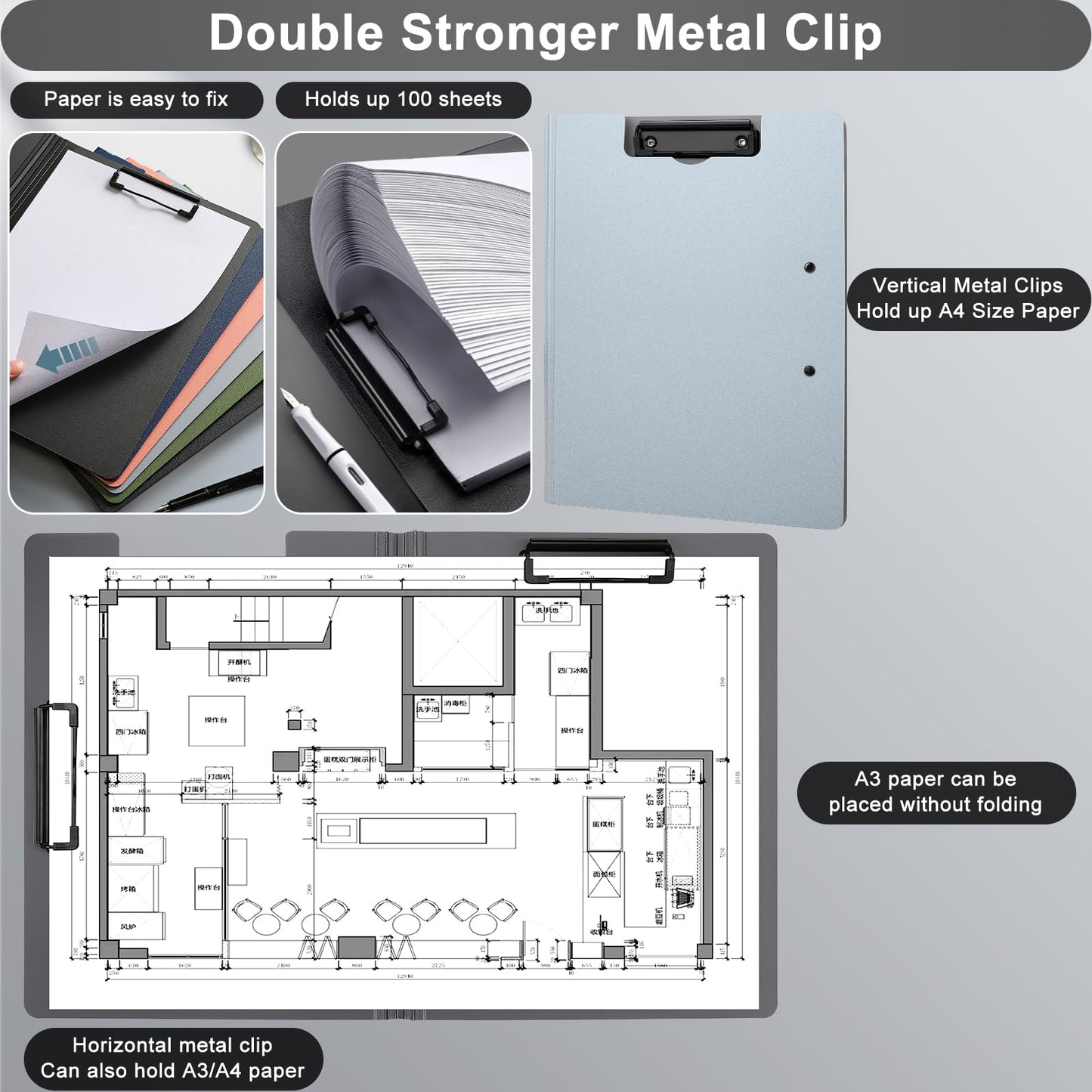 1 PCS A4 Clipboards Foldable,Folding Clipboard,360°Cover Folder Clipboard,Plastic Clipboards with Double Low Profile Clip,A4 Size File Folder Storag Clip Board for A3 A4 Paper Clip Boards-Silver
