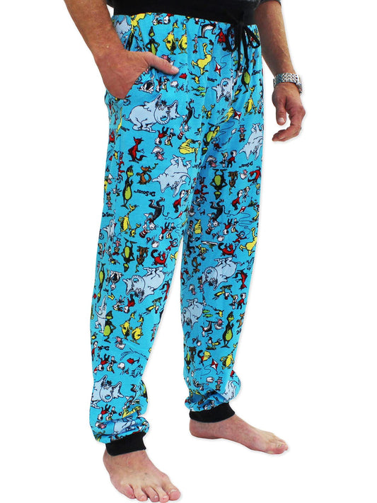 Dr. Seuss Characters Grinch Cat in the Hat Mens Holiday Jogger Pajama Pant (Medium, Blue)