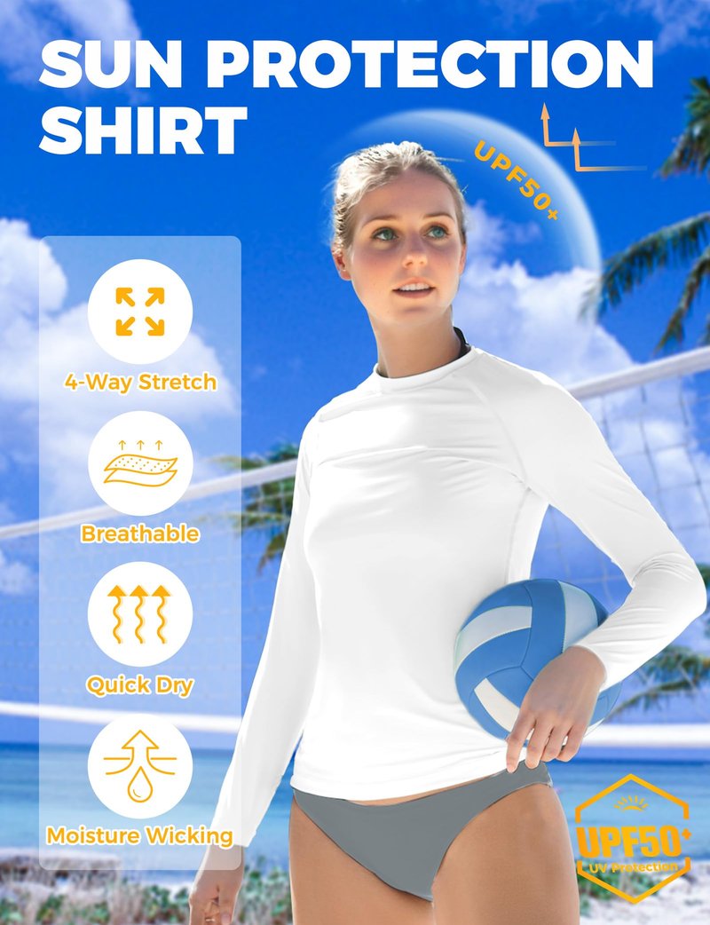Rash Guard for Women UPF50+ Sun Shirt, Long Sleeve UV Protection Shirts Women Quick Dry Workout Shirts Hiking Swimming Tops (US, Alpha, XX-Large, Regular, Regular, White)