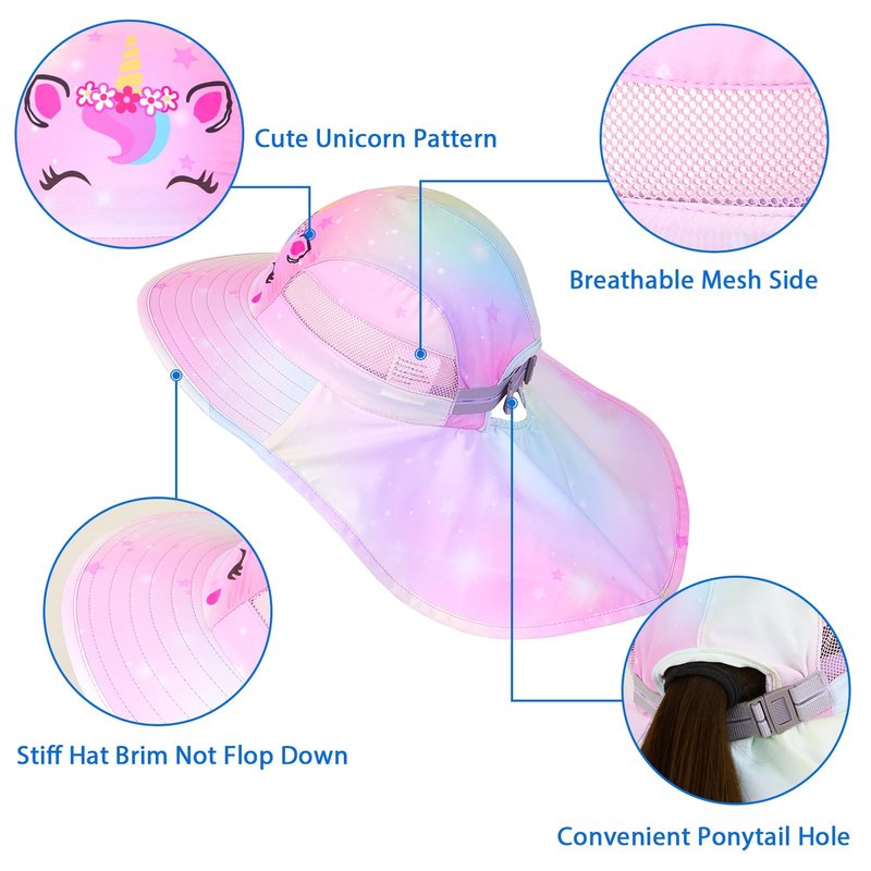 Kids Sun Hat UV Protection Summer Beach Play Hats Wide Brim Neck Flap for Girls Boys 2-9 Years, Pastel Pink Yellow