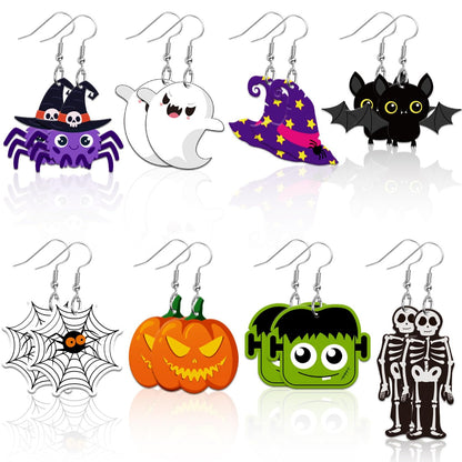 AUGSUN 8 Pairs Halloween Acrylic Earrings for Women Pumpkin Spider Black Cat Ghost Boo Witch Hat Spooky Earrings Jewelry Lightweight Leaf Dangle Teardrop Earrings