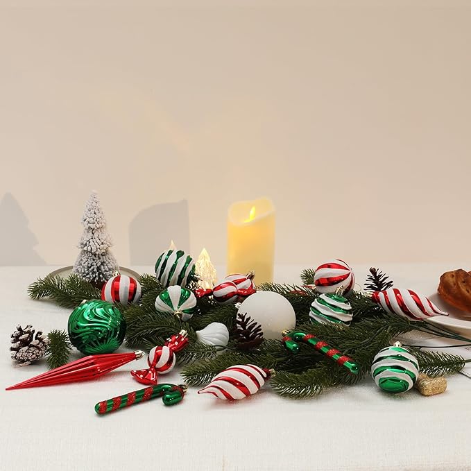 Christmas Ball Ornaments Set Shatterproof Christmas Tree Ornaments 24 PCS Painted Shaped Styles Xmas Tree for Holiday Decor,Red and Green