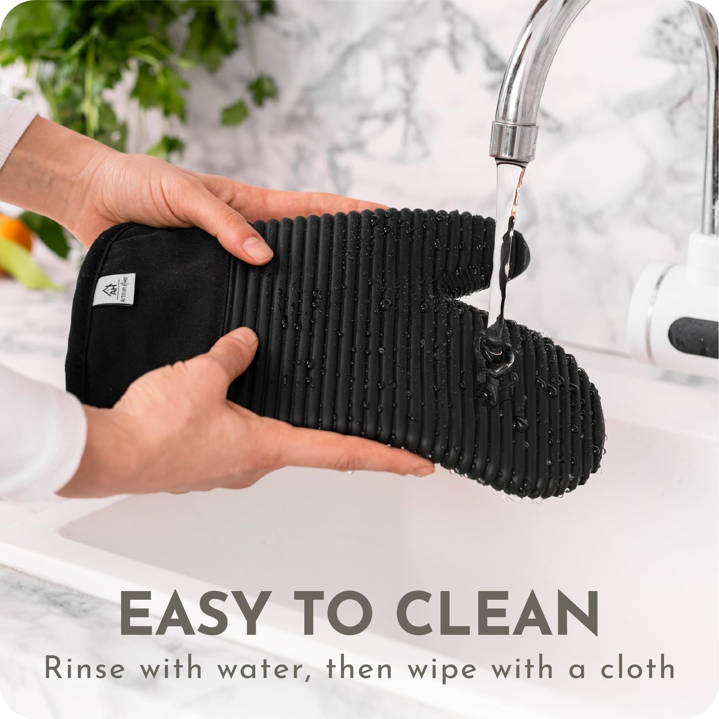 Extra Long Silicone Oven Mitts & Potholders Set - Heat Resistant 500°F Kitchen Gloves with Pot Holders, BPA-Free Waterproof Baking Mitts, Non-Slip Grip, 4-Piece Set, Black