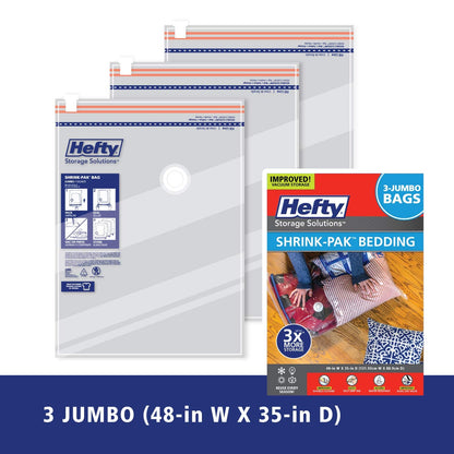 Hefty Shrink-Pak Vacuum Storage Bags - Space Saver for Under Bed Storage, Clothing and Comforters, Odor Resistant, 3X More Storage Space - 3 Jumbo Bags