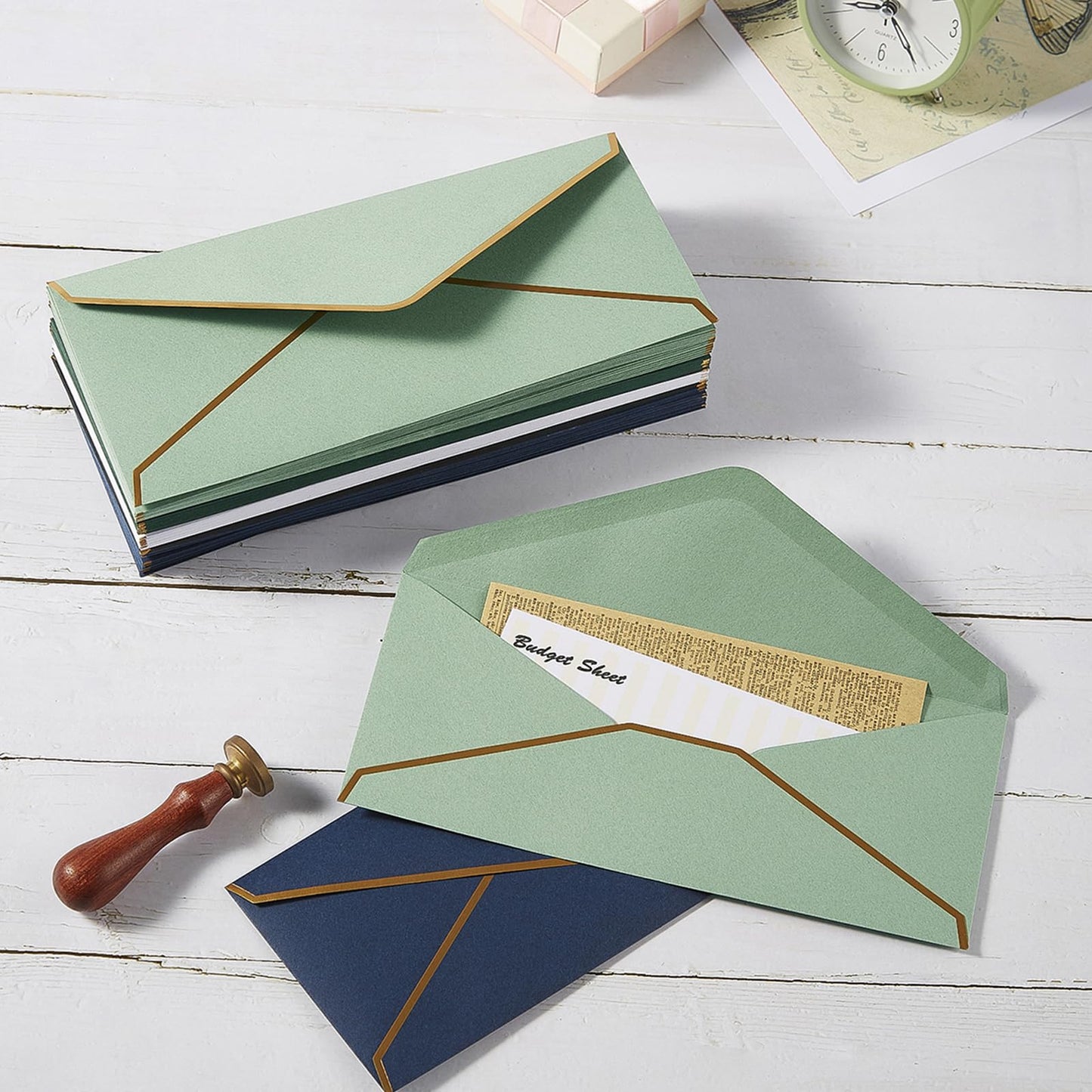 30 Pack Thick #10 Business Envelopes with Gold Border, 4 1/8 x 9 1/2 Thick Paper Standard Envelopes with Stickers for Office, Checks, Letter Mailing, Invoices (Black)