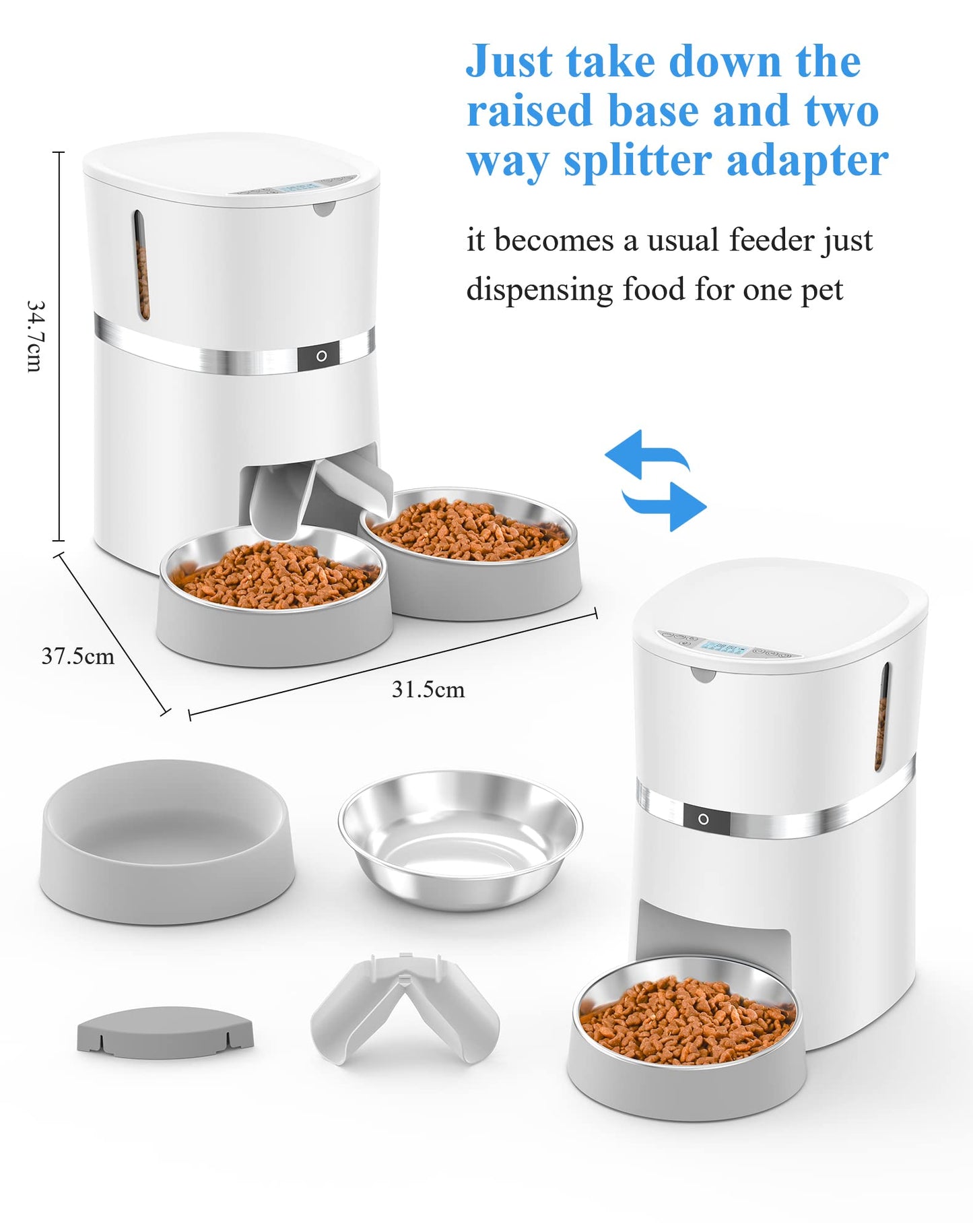 Automatic Cat Feeder, WellToBe Pet Feeder Food Dispenser for Cat & Small Dog with Two-Way Splitter and Double Bowls, up to 6 Meals with Portion Control, Voice Recorder - Battery and Plug-in Power