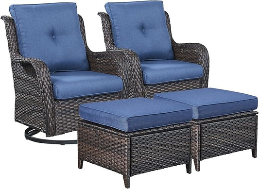 Rilyson Wicker Patio Furniture Set - 4 Piece Rattan Outdoor Sectional Conversation Sets with 2 Swivel Rocking Chairs,2 Ottomans for Porch Deck Garden(Brown/Blue)