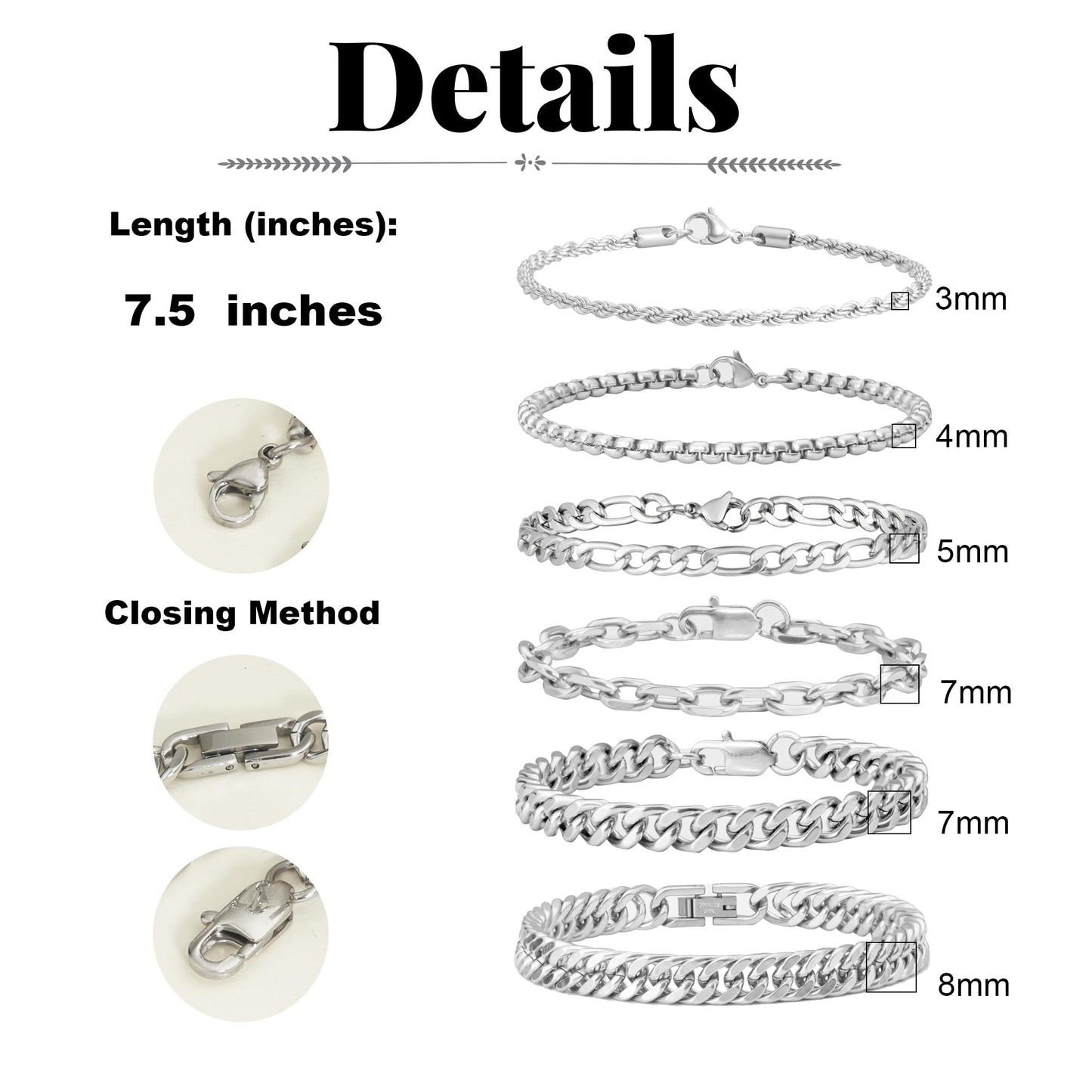 XIANNVXI 6 Pcs Silver Bracelets for Men Women Stainless Steel Bracelet Cuban Chain Metal Link Rope Bracelet Set 7.5 Inches
