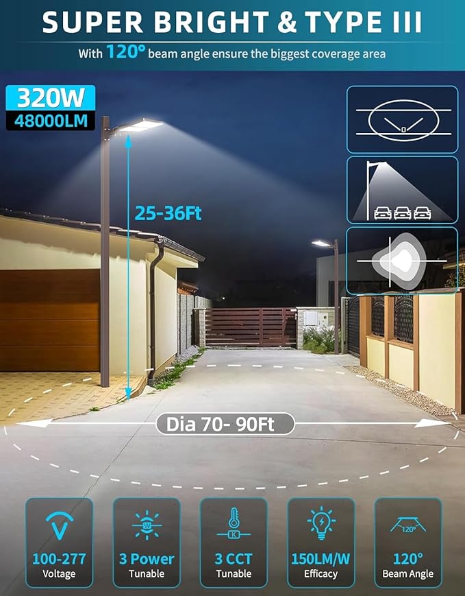 10PCS LED Parking Lot Lights 320W 250W 200W, LED Shoebox Light 5700K 5000K 4500K Arm&Slip Fit Mount, DLC Listed Outdoor Pole Light with Photocell, IP65 Commercial Street Area Flood Lighting 100-277V
