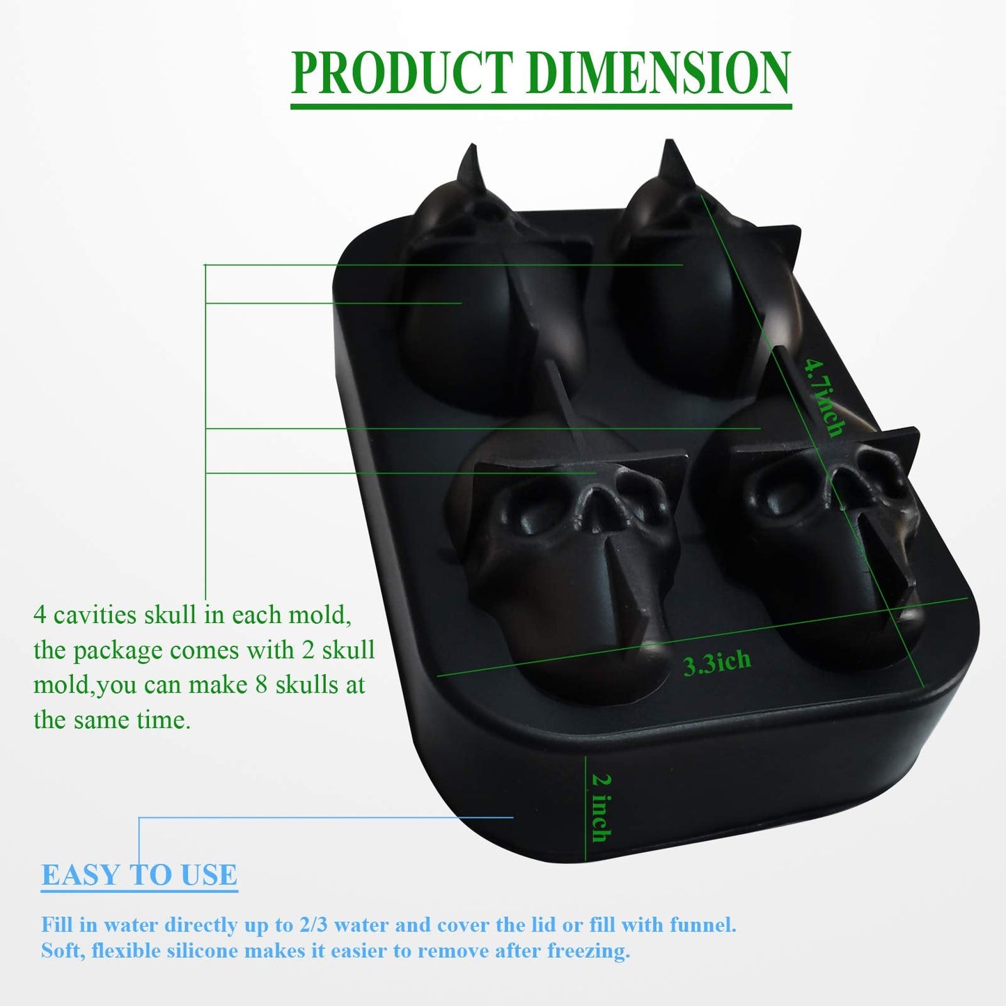 Skull Ice Cube Maker Tray 3D Silicone Ice Skull Maker for Christmas Halloween Whiskey Cocktails Juice (Black)