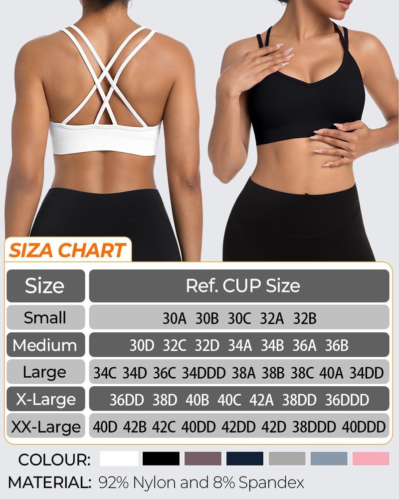 UOOMON Sports Bras for Women V-Neck Strappy Sports Bra Padded Criss Cross Back Medium Support Workout Yoga Bra for Gym Athletic Fitness 3 Pack