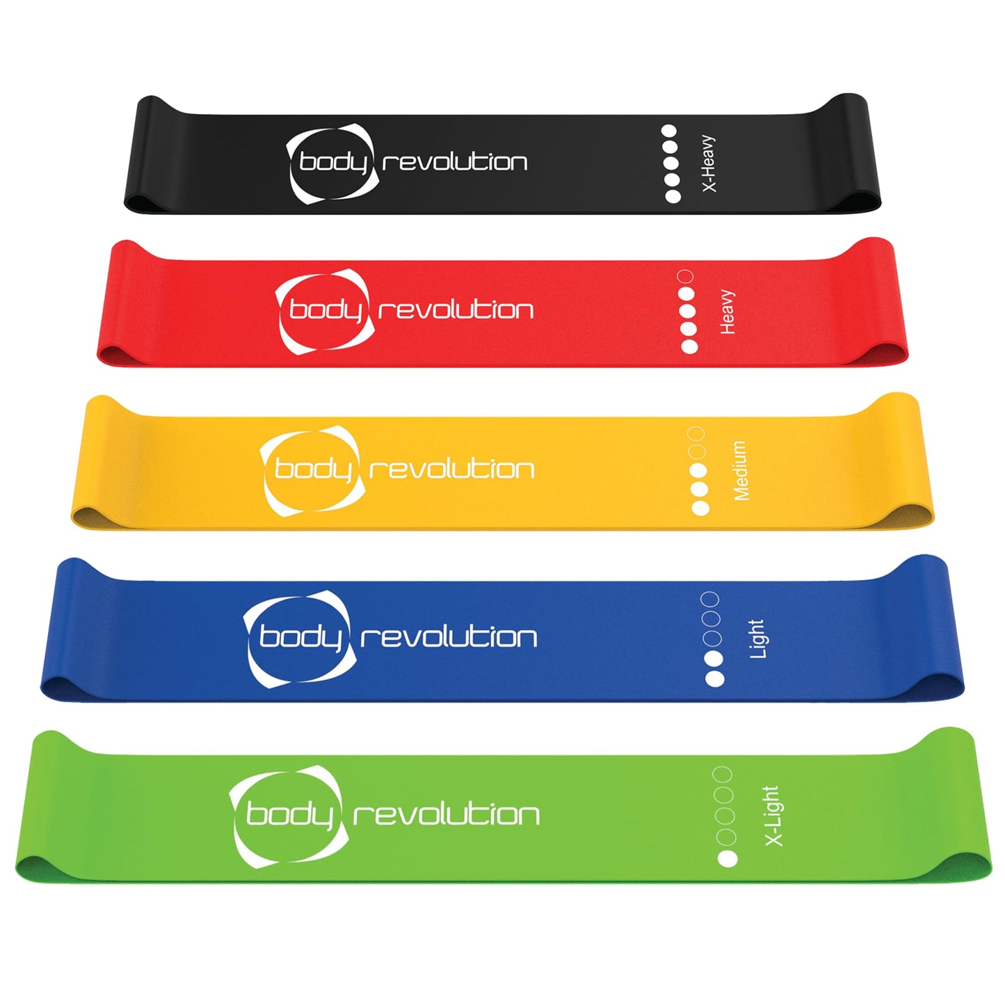 Body Revolution Resistance Bands - Set of 5 Skin-friendly Latex Exercise Loop Bands for Strength Training, Physiotherapy, Pilates and Stretching - Resistance Levels X-Light - X-Heavy, 600mm x 50mm