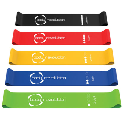 Body Revolution Resistance Bands - Set of 5 Skin-friendly Latex Exercise Loop Bands for Strength Training, Physiotherapy, Pilates and Stretching - Resistance Levels X-Light - X-Heavy, 600mm x 50mm